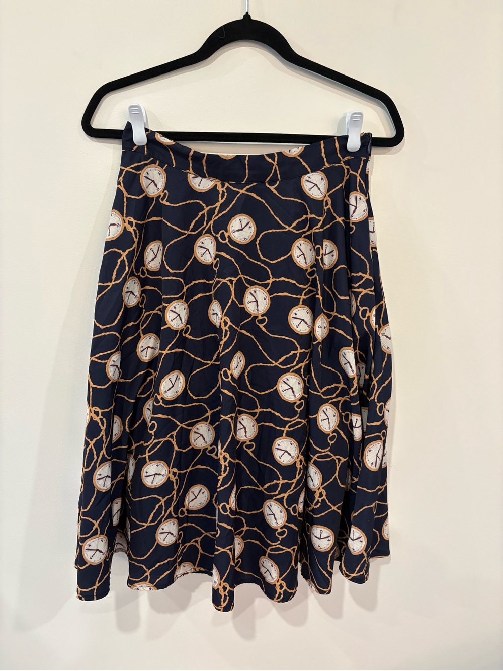 Modcloth Navy and Gold Clock-Print A-Line Skirt with Pockets